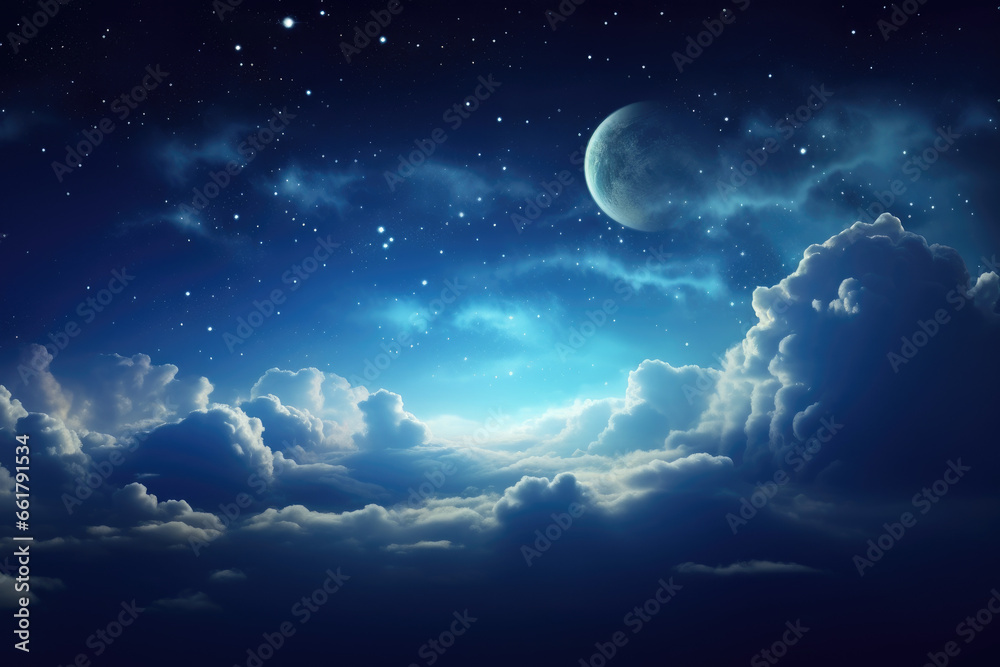 Moon in starry night over clouds 