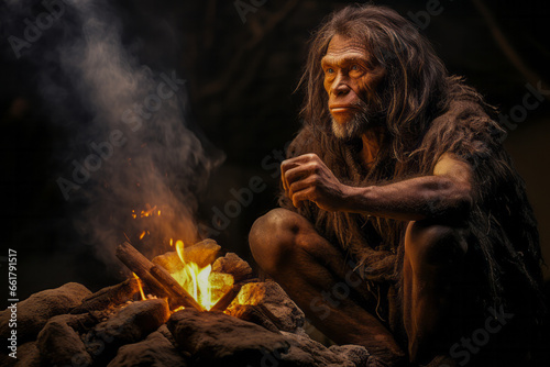 Cro-Magnon man dressed in animal skins sits by a fire in a cave. Artistic representation generated with AI, not a scientific reconstruction. photo