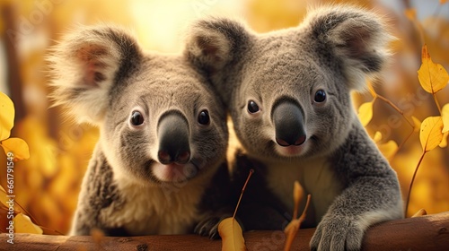two koalas are looking at the camera