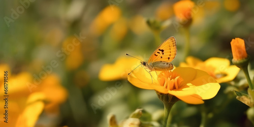 Mariposa anaranjada posada sobre una flor amarilla con las alas abiertas. © ACG Visual