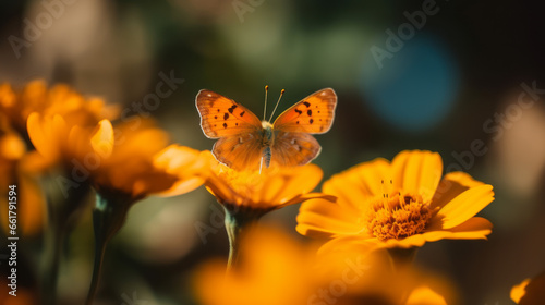 Mariposa anaranjada posada sobre una flor amarilla con las alas abiertas.