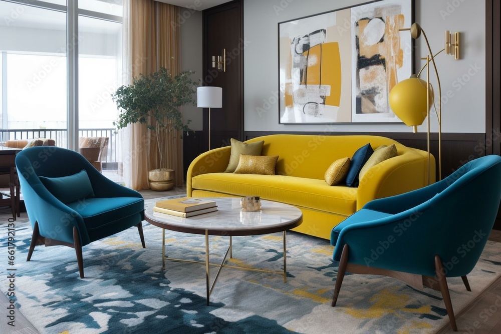 Homey lounge featuring a stylish, vibrant blue couch paired with a stunning yellow armchair. Generative AI