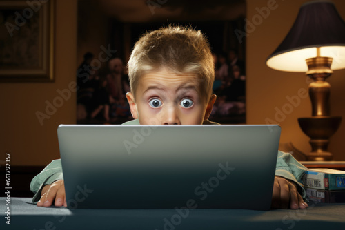 Shocked and surprised boy on the internet looking into computer