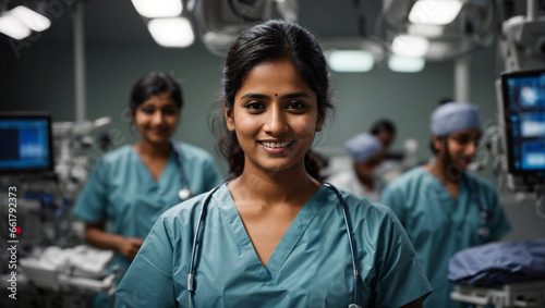 Dottoressa di origini indiane in ospedale in sala operatoria con camice