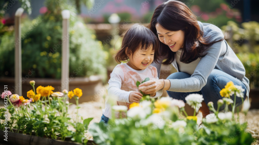 Smiling mother and daughter take care of flowers while gardening at farm Smiling mother and daughter take care of flowers while gardening at farm