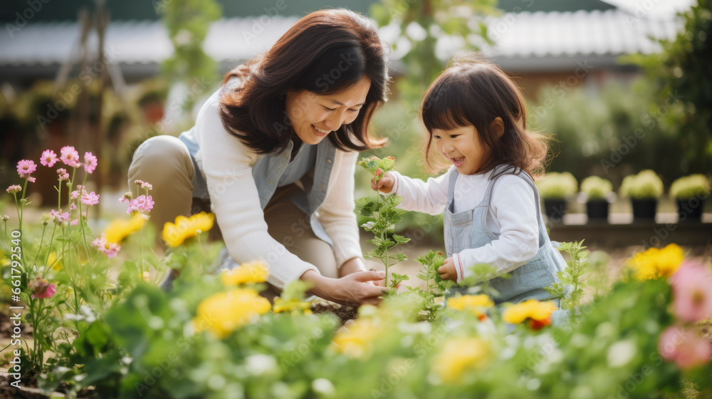 Smiling mother and daughter take care of flowers while gardening at farm Smiling mother and daughter take care of flowers while gardening at farm
