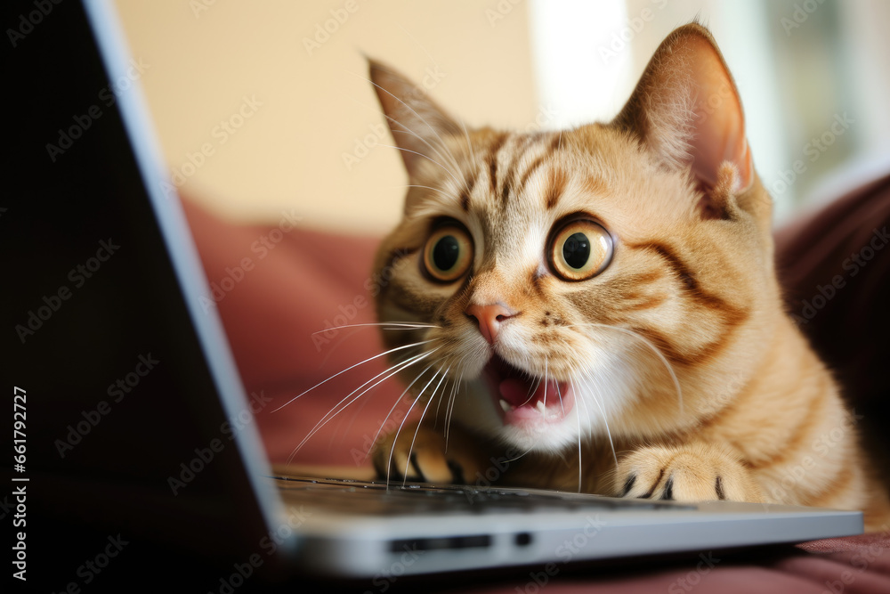 Shocked and surprised cat on the internet looking into computer Shocked and surprised cat on the internet looking into computer