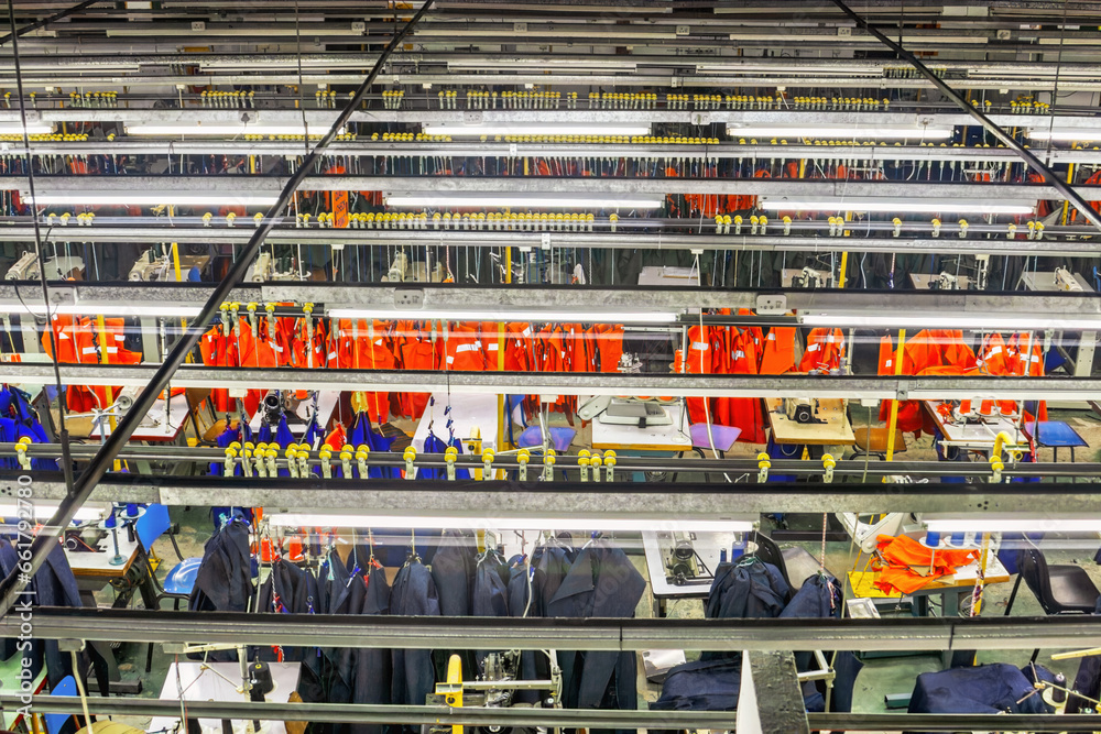 industrial textile factory in africa producing workwear, view from above, high angle, to the sewing hall