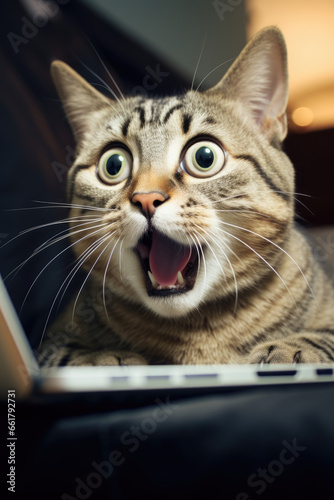 Shocked and surprised cat on the internet looking into computer © thejokercze