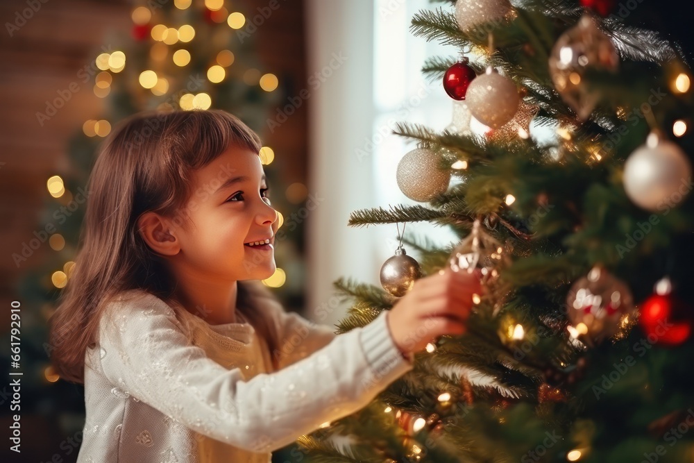 Little Caucasian or Scandinavian girl is decorating Christmas tree at home. Expectation of holiday, magic and gifts from Santa Claus. Close-up photo. - obrazy, fototapety, plakaty 
