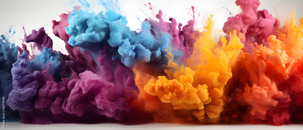 Colorful rainbow holi paint powder explosion isolated white wide panorama background.