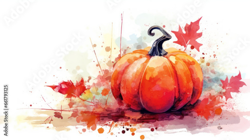 Watercolor painting of a pumpkin in scarlet color tone.