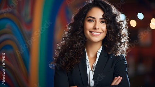 Confident young female businesswoman smiling in a corporate photoshoot. 