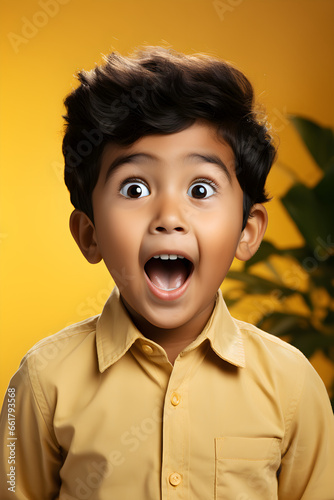 A portrait of a young Indian child looking surprised and excited. Studio photography. 
