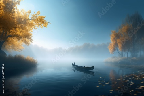 Foggy lake with wooden boat. Morning mist on autumn lake view. Generate ai