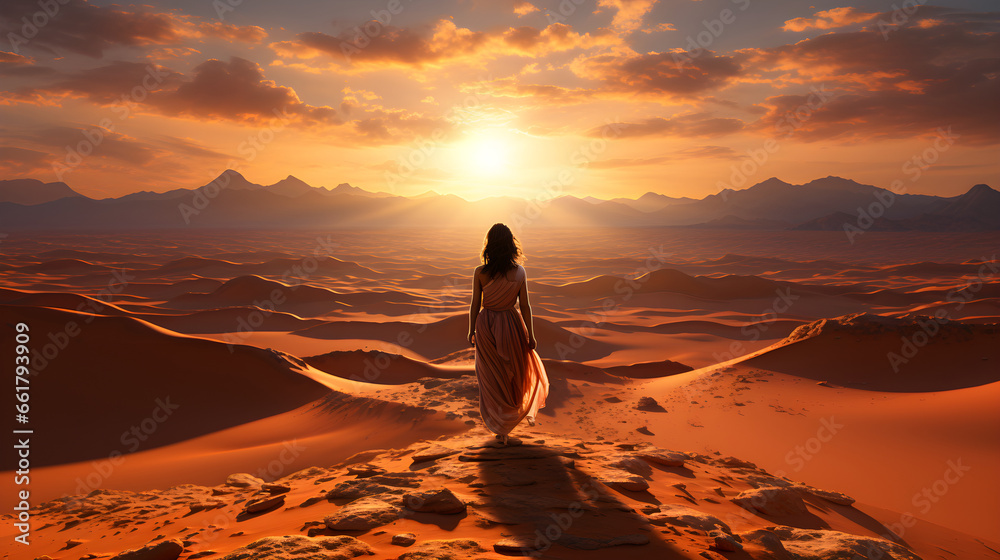 Amidst the vast, arid desert at sunset, a lone figure stands atop a sand dune, the wind ruffling their clothing. 