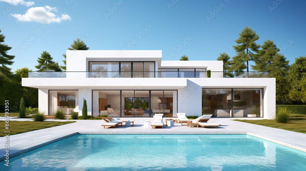 Perspective of white modern luxury house with swimming pool