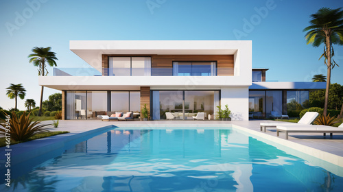 Perspective of white modern luxury house with swimming pool