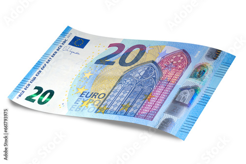 European Union's Euro cash banknote, with a face value of twenty euros isolated on white with shadow. 20 euro