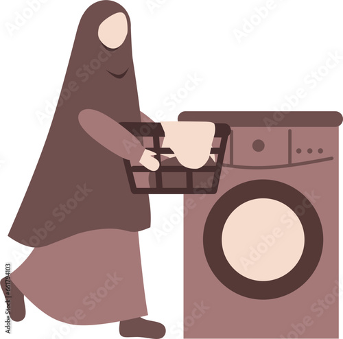 Mother with hijab doing laundry or washing clothes. Housewife activity vector flat illustration