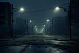 A lonely and unsettling deserted street with flickering streetlights. Generative AI