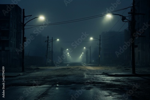 A lonely and unsettling deserted street with flickering streetlights. Generative AI