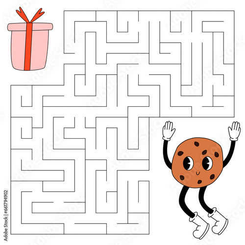 Maze game for kids. Cute groovy cookie with pieces of chocolate looking for a way to the gift box. Thanksgiving day, autumn vibe, christmas. Printable worksheet with solution for school and preschool.