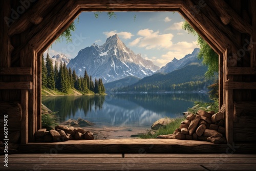 A picturesque view of a mountain lake seen through a window. Perfect for adding a touch of nature to any space. © Fotograf