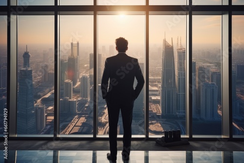 A man standing in front of a window, gazing out at a bustling city. This image can be used to depict contemplation, urban living, or the desire for adventure.