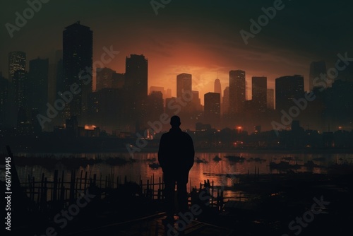 A person standing on a dock, gazing at the city in front of them. 