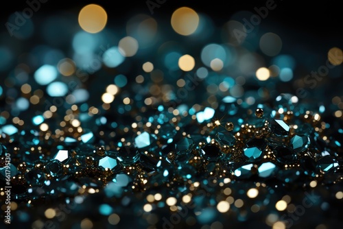 abstract background with bokeh defocused lights and blue beads. Teal Glitter Background for Christmas or Special Occasion
