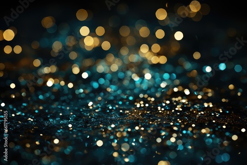 Merry Christmas or Happy New Year! Golden glitter vintage lights background. gold and blue. defocused. Teal Glitter Background for Christmas or Special Occasion photo