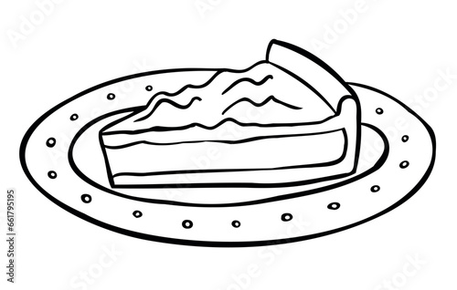 Hand drawn piece of pie on a plate in outline style on a white background. Vector illustration. Perfect for autumn menu, coloring book, card, print.