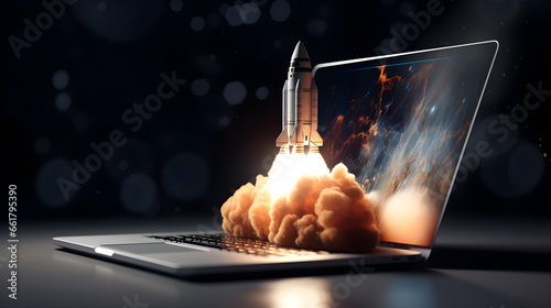 Rocket Takes off From the Laptop Screen on dark background Business Development, Boosting Concept.