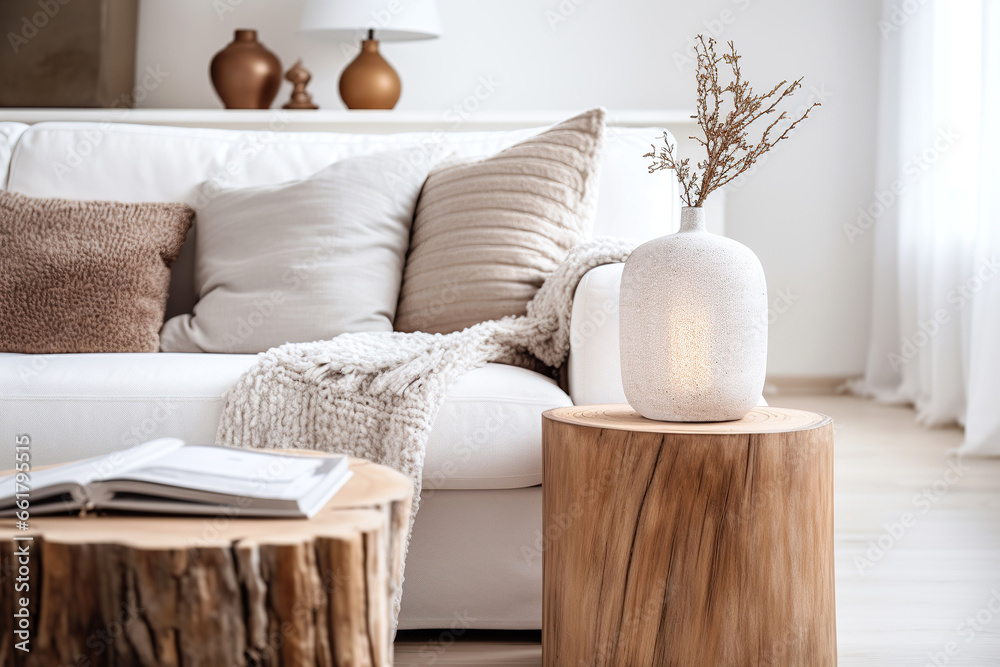 Close up of decorative vase on tree stump accent coffee table against white sofa with beige cushions and knitted blanket. Scandinavian, minimalist home interior design of modern living room.