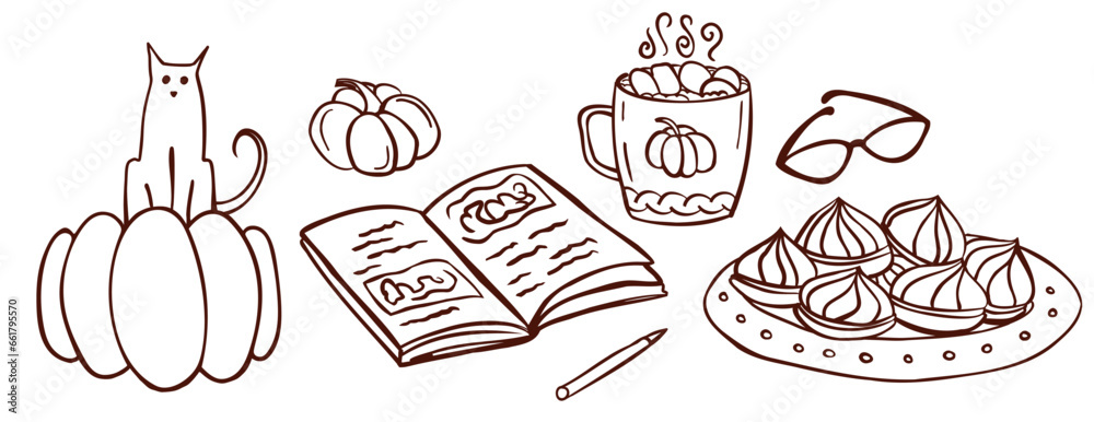 Breakfast with a book. Set of elements - cat on pampkin, coffee cup, book, glasses, zephir in outline style isolated on a white background. Vector illustration. Perfect for menu, coloring book, greeti