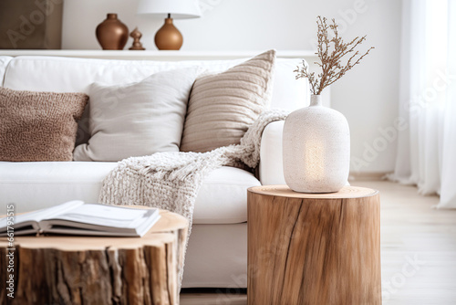 Close up of decorative vase on tree stump accent coffee table against white sofa with beige cushions and knitted blanket. Scandinavian, minimalist home interior design of modern living room. photo
