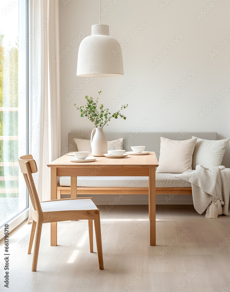 Obraz na płótnie Dining table and one chair against grey sofa. Scandinavian home interior design of modern dining room. w salonie