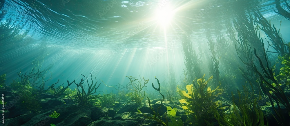 Scuba diving with sunlight through kelp forest With copyspace for text