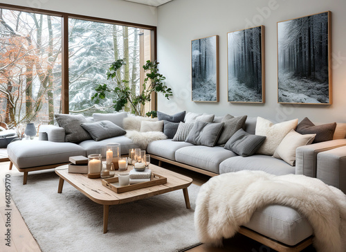 Cozy grey corner sofa with many pillows and fur blankets. Warm and inviting winter atmosphere. Nordic, scandinavian home interior design of modern living room in house in forest.