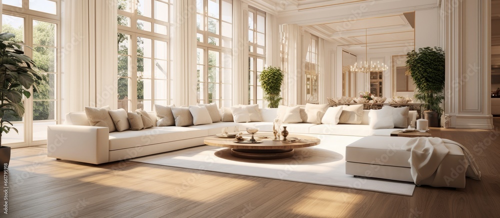 Spacious and cozy living area with upscale seating in a grand residence With copyspace for text