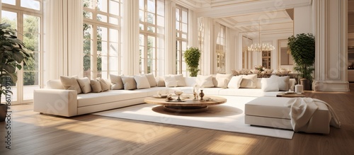 Spacious and cozy living area with upscale seating in a grand residence With copyspace for text
