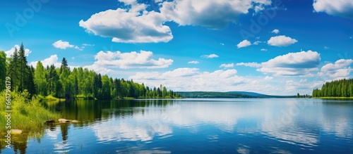 Scenic summer view of Scandinavian nature with dramatic sky clouds lake island birch trees and rain Ideal for vacations and ecotourism With copyspace for text