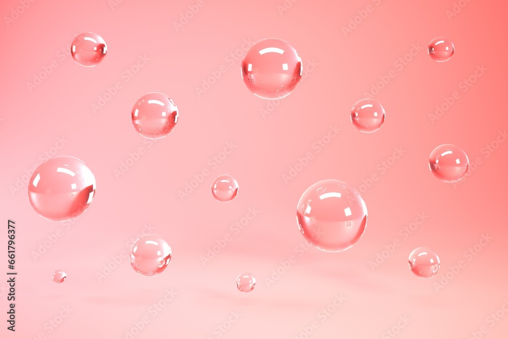 Glass bubbles on coral background, abstract surreal 3d render.