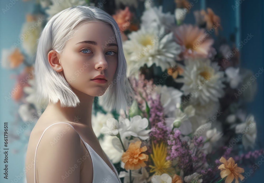 Girl with white hair on white floral background. Lady with short silver hair with flower bouquet. Generate ai Girl with white hair on white floral background. Lady with short silver hair with flower bouquet. Generate ai