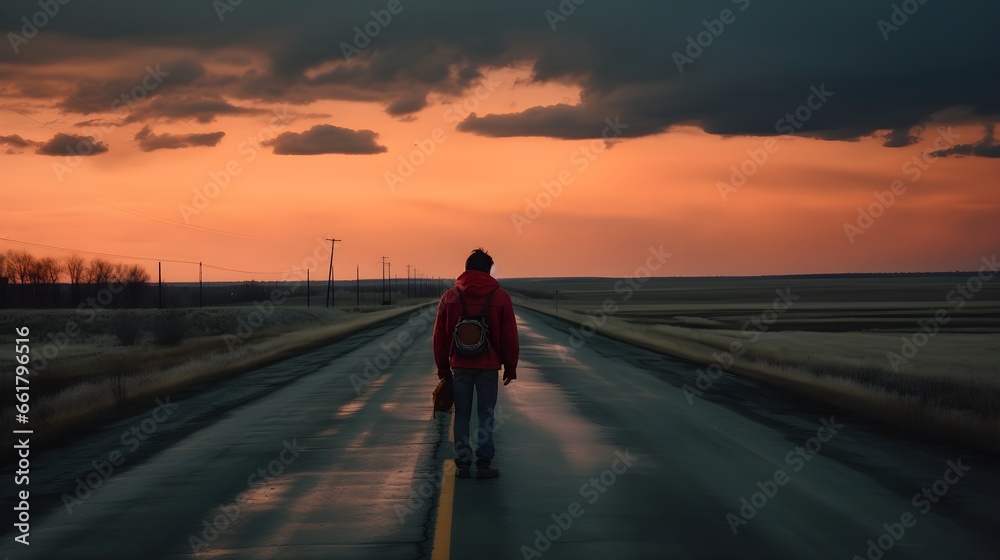 In a post-apocalyptic world, a lone wanderer stands on a desolate highway.