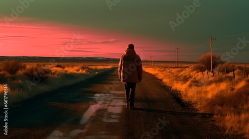 A post-apocalyptic world, a lone wanderer stands on a desolate highway.