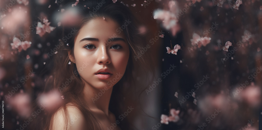 Beautiful woman among  falling petal rose with a good and moisture skin , spa and beauty concept .