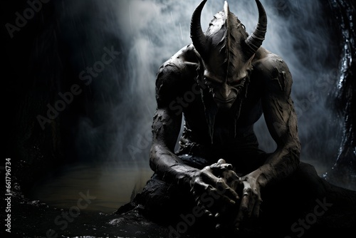 A portrait of the devil in black deep in thought. 