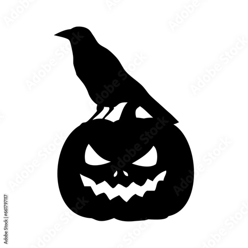 Logo con silueta de cuervo negro en calabaza de Halloween Jack O Lantern para su uso en invitaciones y tarjetas